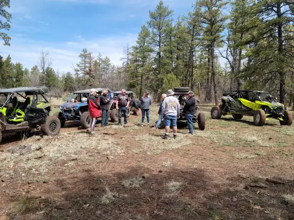 Riders gathered in a pine meadow with their side-by-sides parked around them